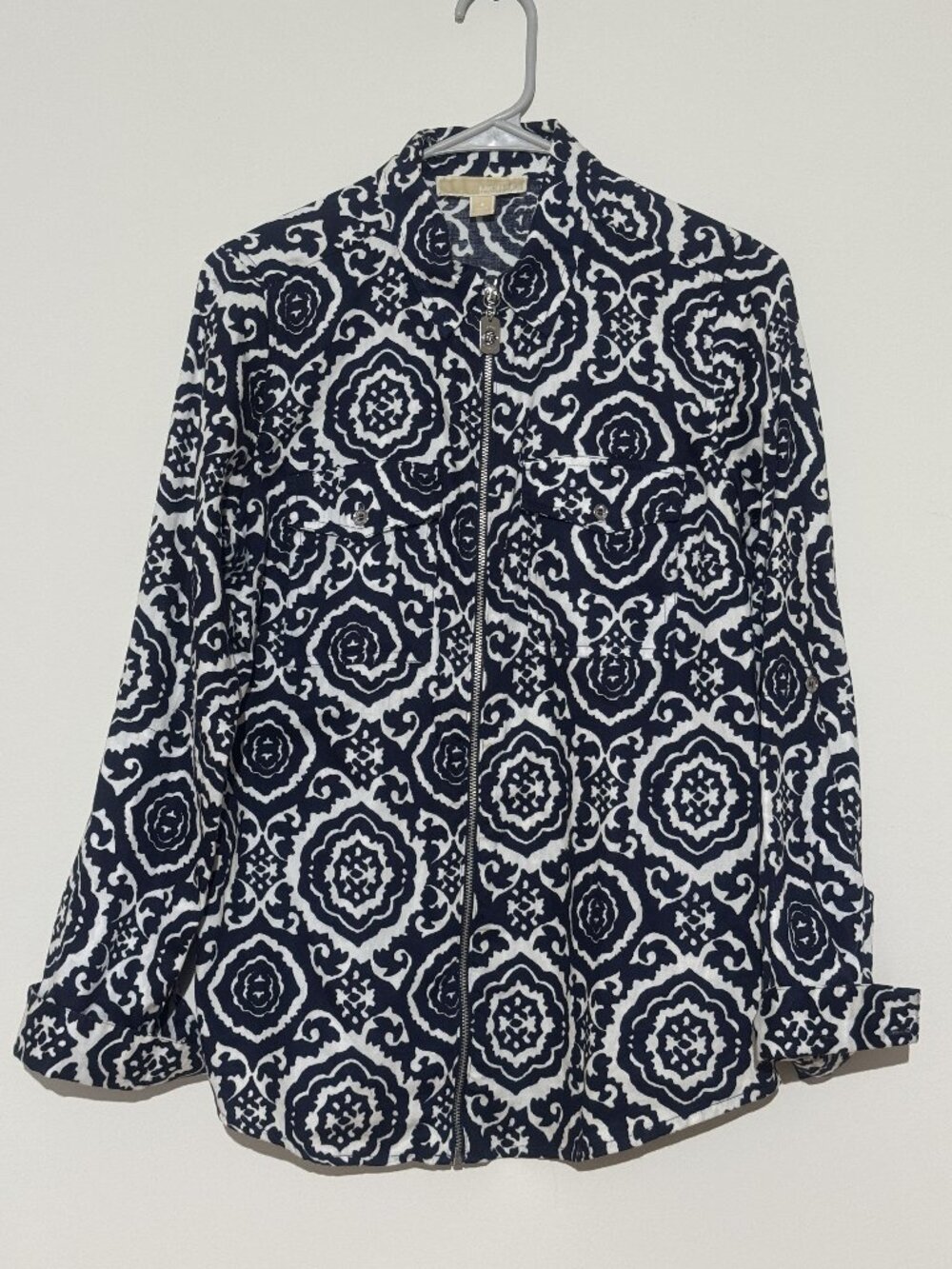 Michael Kors Navy White Damask Zip Front Shirt Jacket 4